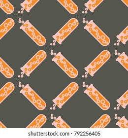 Alchemy seamless pattern background with bottles. Backdrop with cute laboratory bottles. Cartoon chemistry illustration. Magic liquid.