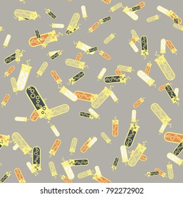 Alchemy seamless pattern background with bottles. Backdrop with cute laboratory bottles. Cartoon chemistry illustration. Magic liquid.