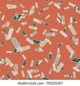 Alchemy seamless pattern background with bottles. Backdrop with cute laboratory bottles. Cartoon chemistry illustration. Magic liquid.