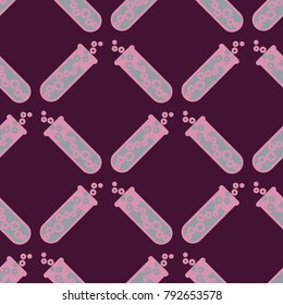 Alchemy seamless pattern background with bottles. Backdrop with cute laboratory bottles. Cartoon chemistry illustration. Magic liquid.