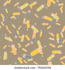 Alchemy seamless pattern background with bottles. Backdrop with cute laboratory bottles. Cartoon chemistry illustration. Magic liquid.