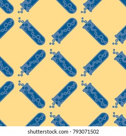 Alchemy seamless pattern background with bottles. Backdrop with cute laboratory bottles. Cartoon chemistry illustration. Magic liquid.