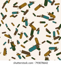 Alchemy seamless pattern background with bottles. Backdrop with cute laboratory bottles. Cartoon chemistry illustration. Magic liquid.