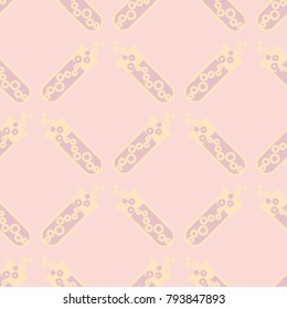 Alchemy seamless pattern background with bottles. Backdrop with cute laboratory bottles. Cartoon chemistry illustration. Magic liquid.