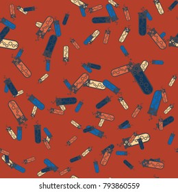 Alchemy seamless pattern background with bottles. Backdrop with cute laboratory bottles. Cartoon chemistry illustration. Magic liquid.