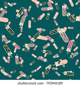 Alchemy seamless pattern background with bottles. Backdrop with cute laboratory bottles. Cartoon chemistry illustration. Magic liquid.