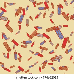 Alchemy seamless pattern background with bottles. Backdrop with cute laboratory bottles. Cartoon chemistry illustration. Magic liquid.
