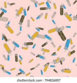 Alchemy seamless pattern background with bottles. Backdrop with cute laboratory bottles. Cartoon chemistry illustration. Magic liquid.