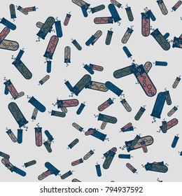 Alchemy seamless pattern background with bottles. Backdrop with cute laboratory bottles. Cartoon chemistry illustration. Magic liquid.