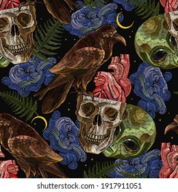 Alchemy seamless pattern. Black magic art. Gothic raven,occult alien head, moon and anatomical heart. Dark night. Embroidery template for clothes, textile. Tarot card. Esoteric concept 