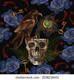 Alchemy seamless pattern. Black magic art. Gothic raven,occult moon, magic keys and skull. Dark night. Embroidery template for clothes, textile. Tarot card. Esoteric concept