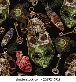 Alchemy seamless pattern. Embroidery. Occult and esoteric background. Black magic illustration. Alien head, skull, golden cage, fern, key and anatomical heart. Gothic template for clothes, textile