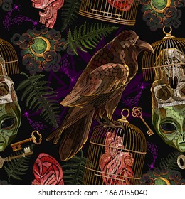 Alchemy seamless pattern. Gothic raven, golden key, human,occult alien head, fern and anatomical heart. Black magic art. Embroidery template for clothes, textile. Tarot card. Esoteric concept 