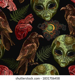 Alchemy seamless pattern. Gothic raven,occult alien head, moon and anatomical heart. Black magic art. Embroidery template for clothes, textile. Tarot card. Esoteric concept 