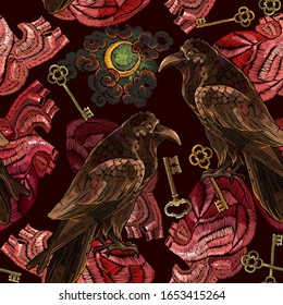 Alchemy seamless pattern. Raven, key,monn and anatomical human heart. Occult and esoteric background. Embroidery. Black magic illustration. Dark gothic template for clothes, textile, t-shirt design 