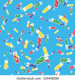 Alchemy seamless pattern vector illustration. Background with bottles. Vector backdrop with cute laboratory bottles. Cartoon chemistry illustration. Magic liquid.