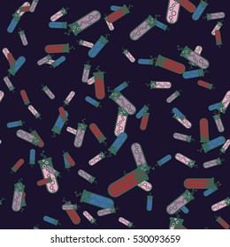 Alchemy seamless pattern vector illustration. Background with bottles. Vector backdrop with cute laboratory bottles. Cartoon chemistry illustration. Magic liquid.