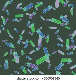 Alchemy seamless pattern vector illustration. Background with bottles. Vector backdrop with cute laboratory bottles. Cartoon chemistry illustration. Magic liquid.