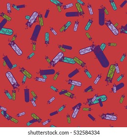Alchemy seamless pattern vector illustration. Background with bottles. Vector backdrop with cute laboratory bottles. Cartoon chemistry illustration. Magic liquid.