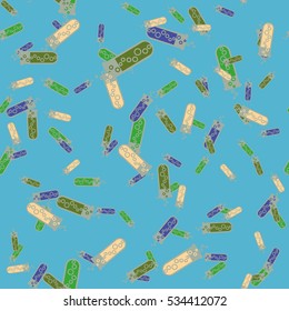 Alchemy seamless pattern vector illustration. Background with bottles. Vector backdrop with cute laboratory bottles. Cartoon chemistry illustration. Magic liquid.