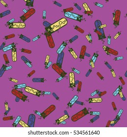 Alchemy seamless pattern vector illustration. Background with bottles. Vector backdrop with cute laboratory bottles. Cartoon chemistry illustration. Magic liquid.