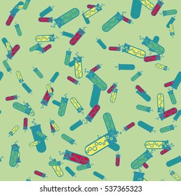 Alchemy seamless pattern vector illustration. Background with bottles. Vector backdrop with cute laboratory bottles. Cartoon chemistry illustration. Magic liquid.