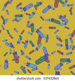 Alchemy seamless pattern vector illustration. Background with bottles. Vector backdrop with cute laboratory bottles. Cartoon chemistry illustration. Magic liquid.
