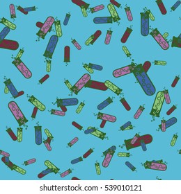 Alchemy seamless pattern vector illustration. Background with bottles. Vector backdrop with cute laboratory bottles. Cartoon chemistry illustration. Magic liquid.