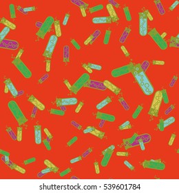 Alchemy seamless pattern vector illustration. Background with bottles. Vector backdrop with cute laboratory bottles. Cartoon chemistry illustration. Magic liquid.