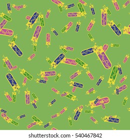 Alchemy seamless pattern vector illustration. Background with bottles. Vector backdrop with cute laboratory bottles. Cartoon chemistry illustration. Magic liquid.
