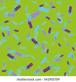 Alchemy seamless pattern vector illustration. Background with bottles. Vector backdrop with cute laboratory bottles. Cartoon chemistry illustration. Magic liquid.