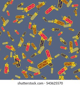 Alchemy seamless pattern vector illustration. Background with bottles. Vector backdrop with cute laboratory bottles. Cartoon chemistry illustration. Magic liquid.