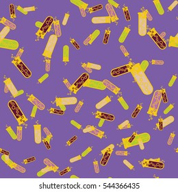 Alchemy seamless pattern vector illustration. Background with bottles. Vector backdrop with cute laboratory bottles. Cartoon chemistry illustration. Magic liquid.