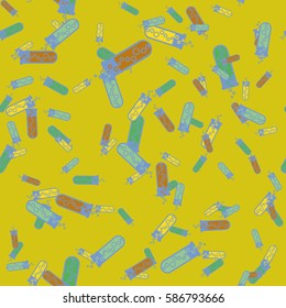 Alchemy seamless pattern vector illustration. Background with bottles. Vector backdrop with cute laboratory bottles. Cartoon chemistry illustration. Magic liquid.