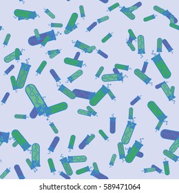 Alchemy seamless pattern vector illustration. Background with bottles. Vector backdrop with cute laboratory bottles. Cartoon chemistry illustration. Magic liquid.