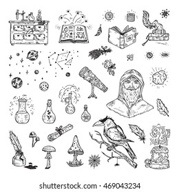 Alchemy set. Hand Drawn Doodle Magic alchemical Symbols. 