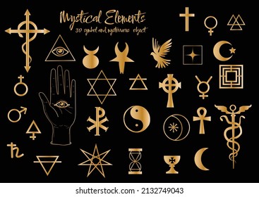 Alchemy set.Esoteric mystical magical heavenly signs.Spiritual animals - bull occult skull and snake.Vector EPS10.