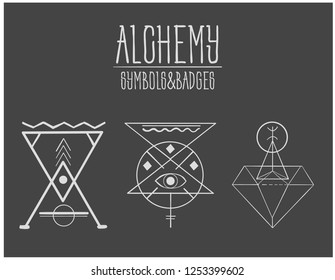 Alchemy. Signs of alchemy. Symbols. A set of alchemical symbols isolated on black. Hand drawn elements for design. Mystical, esoteric, occult theme.