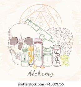 Alchemy skull microscope alchemy medieval science achemy hand drawn vintage alchemy vector illustration 