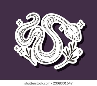 Alchemy snake sticker. Line icon for website. Mysticism and esotericism, occultism. Magic and sorcery, witchcraft. Poster or banner. Linear flat vector illustration isolated on violet background