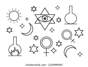 Alchemy, spirituality symbols in flat style . Alchemy art vector. Astrology vector set