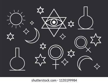 Alchemy, spirituality symbols in flat style . Alchemy art vector. Astrology vector set