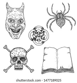 Alchemy symbol elements set. Smiling devil, spider, skull with cross bones, open spell book, sacred symbol. Spiritual occultism and chemistry, magic tattoo sketch. Hand drawing Vector.