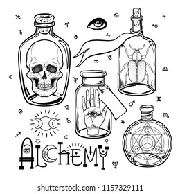 Alchemy symbol icon set. Spirituality, occultism, chemistry, magic tattoo concept. Vintage vector illustration collection with mystic and occult signs. Halloween, astrological elements.