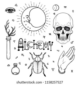 Alchemy symbol icon set. Spirituality, occultism, chemistry, magic tattoo concept. Vintage vector illustration collection with mystic and occult signs. Halloween, astrological elements.