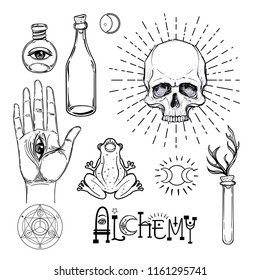 Alchemy symbol icon set. Spirituality, occultism, chemistry, magic tattoo concept. Vintage vector illustration collection with mystic and occult signs. Halloween, astrological elements.