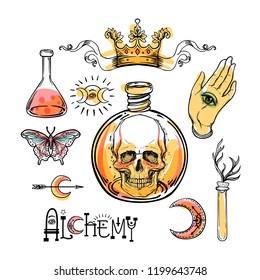 Alchemy symbol icon set. Spirituality, occultism, chemistry, magic tattoo concept. Vintage vector illustration collection with mystic and occult signs. Halloween, astrological elements.