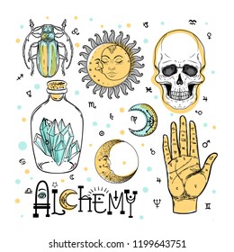 Alchemy symbol icon set. Spirituality, occultism, chemistry, magic tattoo concept. Vintage vector illustration collection with mystic and occult signs. Halloween, astrological elements.