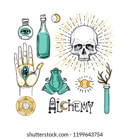 Alchemy symbol icon set. Spirituality, occultism, chemistry, magic tattoo concept. Vintage vector illustration collection with mystic and occult signs. Halloween, astrological elements.