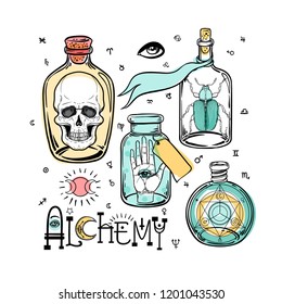 Alchemy symbol icon set. Spirituality, occultism, chemistry, magic tattoo concept. Vintage vector illustration collection with mystic and occult signs. Halloween, astrological elements.